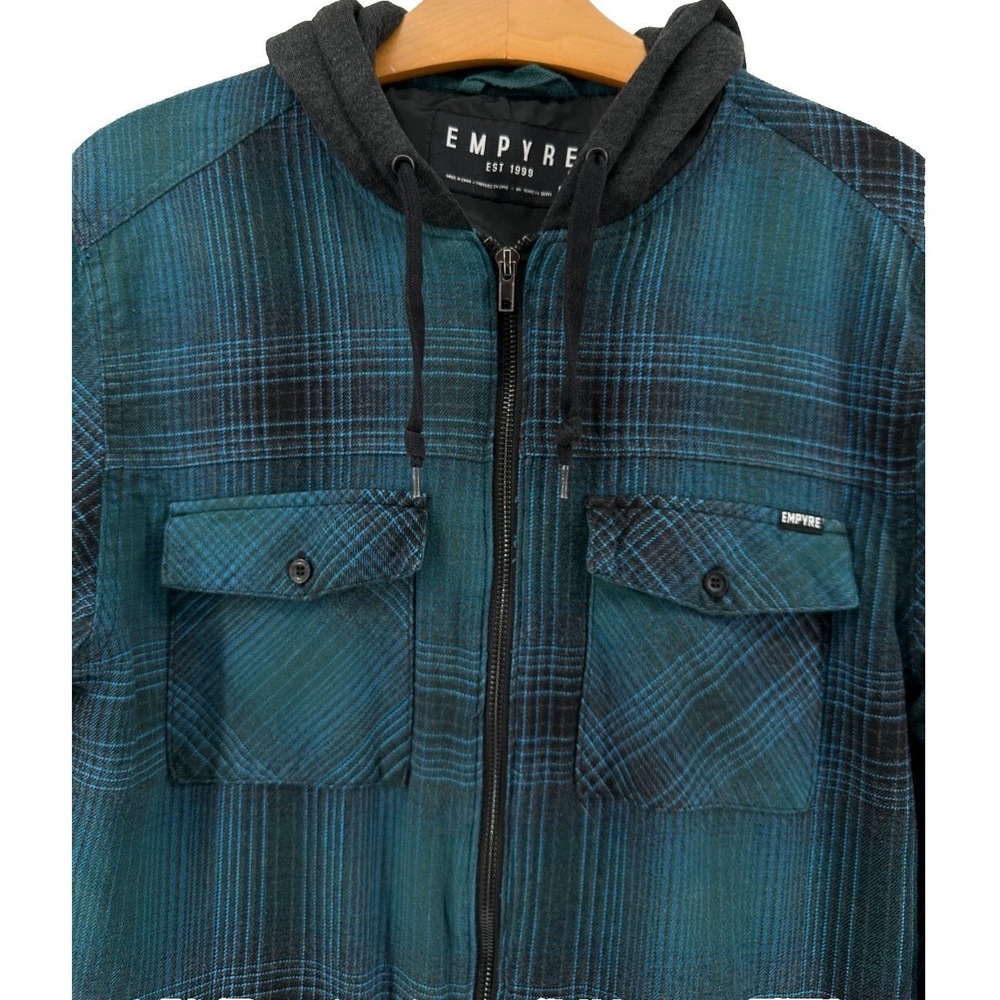 Empyre Cotton Flannel Hooded Jacket Mens Large Teal Plaid Quilted Zip Shacket
